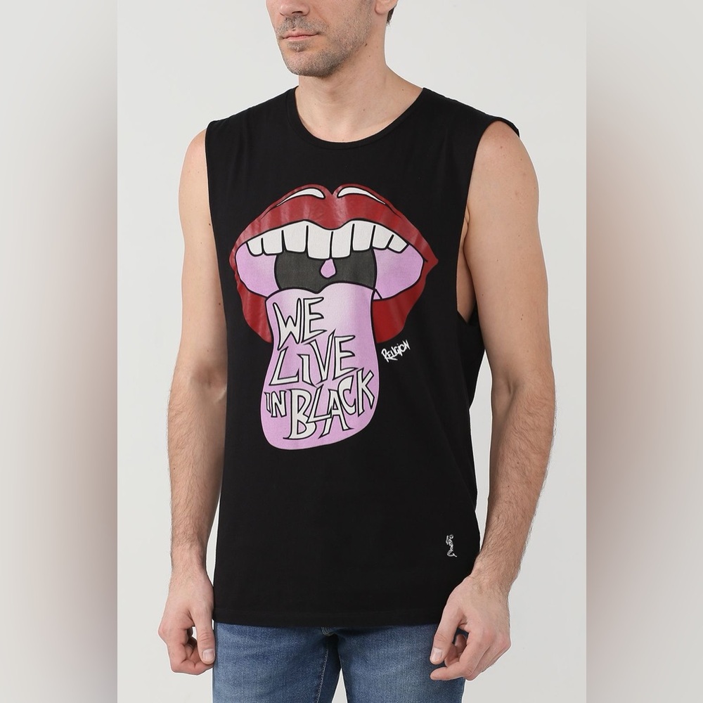 Religion We live in Black tongue graphic sleeveless mens  shirt size XL